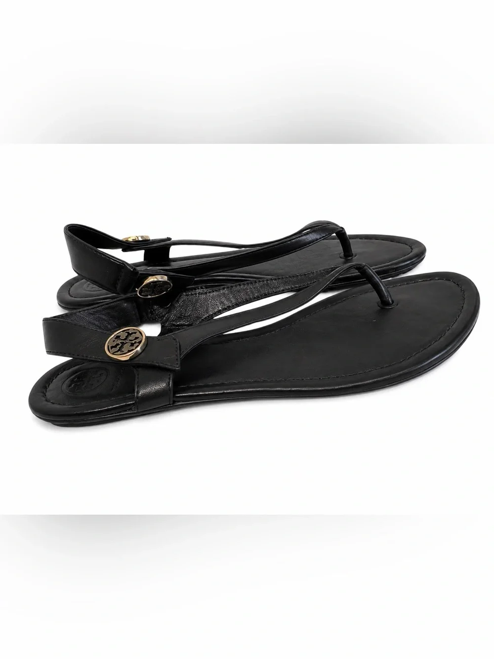 Tory Burch Black Leather Thong Sandals Size 8 Classic Logo